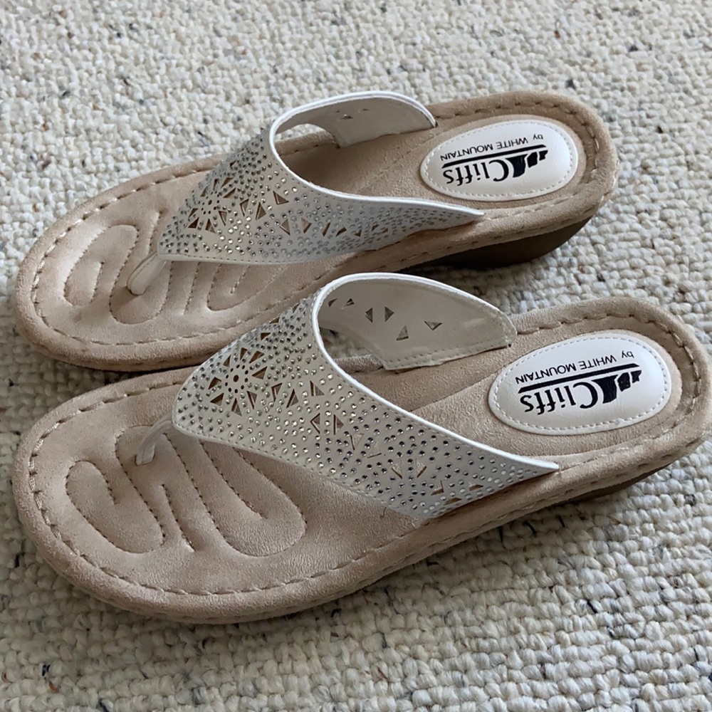 White Mountain white rhinestone flip flops